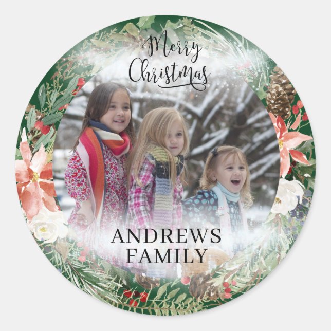 Customer specific Photo Merry Christmas! Wreath  C Classic Round Sticker (Front)