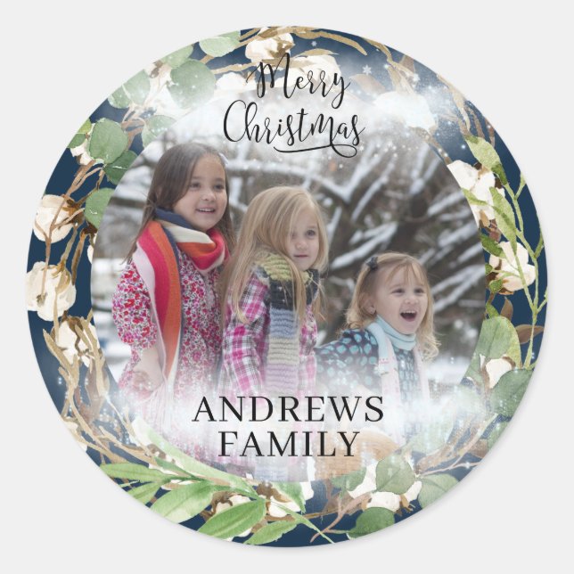Customer specific Photo Merry Christmas! Wreath    Classic Round Sticker (Front)