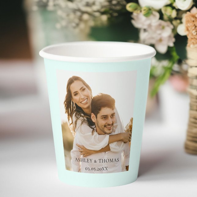 Customer-specific photo wedding  paper cups (Customer-specific, photo, wedding, blue-green paper cups. With your photo, name and date.)