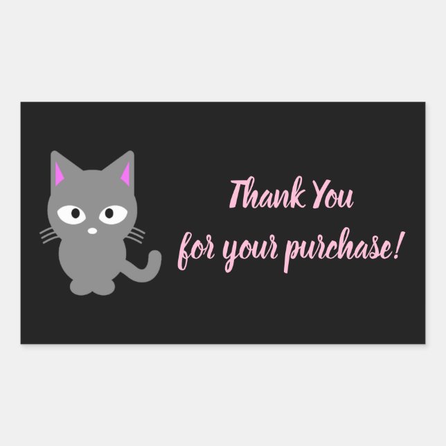 Customisable black Thank You sticker with grey cat (Front)