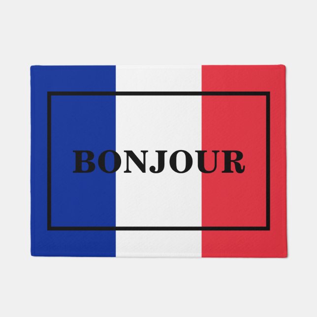 CUSTOMISABLE BONJOUR text design on FRANCE flag Doormat (Front)