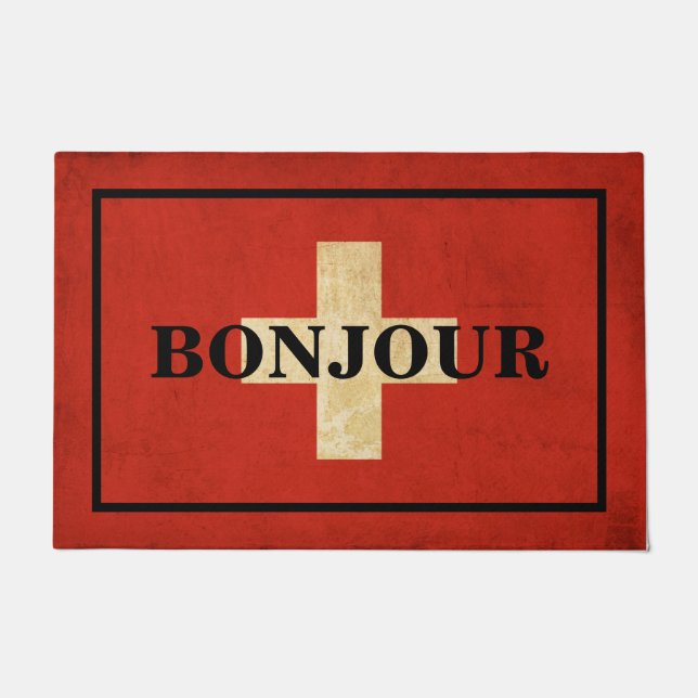CUSTOMISABLE BONJOUR text on SWITZERLAND flag Doormat (Front)