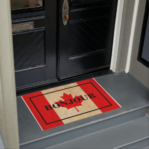 CUSTOMISABLE BONJOUR text on vintage CANADA flag Doormat
