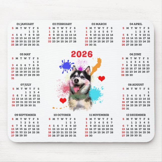 Customisable Cute Siberian Husky Dog Calendar Mouse Pad (Front)