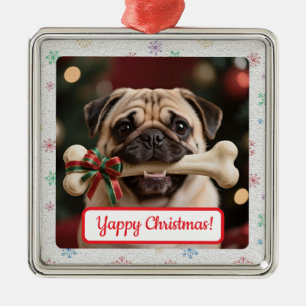 Customisable Dog And Bone Pet Owner's Square Xmas Metal Ornament