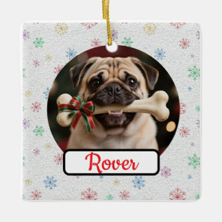Customisable Dog And Bone Pet Square Christmas Ceramic Ornament