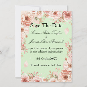Customisable Floral mint Pink Roses Save the Date  Invitation