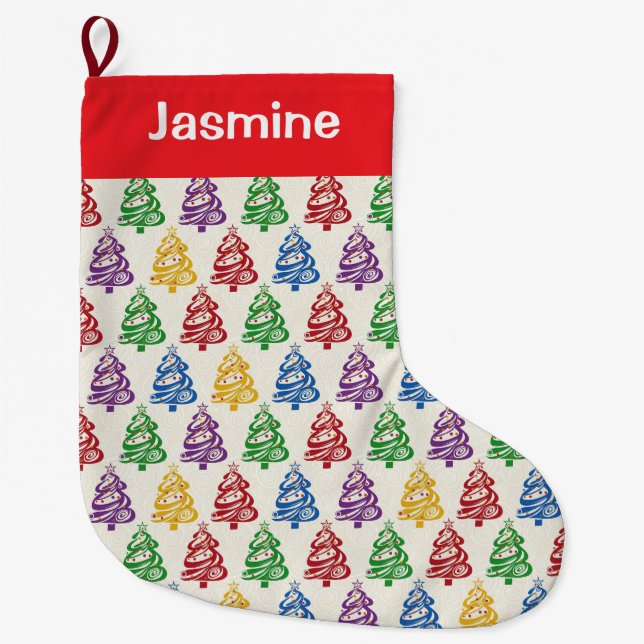 Customisable Minimal Colourful Christmas Tree Large Christmas Stocking (Front)