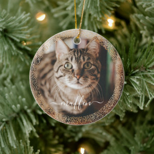 Customisable Pet Cat Photo Gold Glitter Christmas Ceramic Ornament