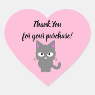 Customisable pink Thank You sticker with grey cat