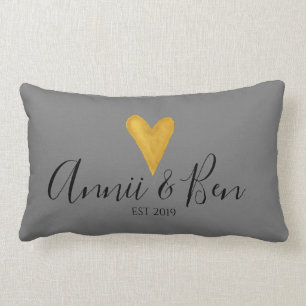 Customisable, slate grey. gold heart wedding lumbar pillow