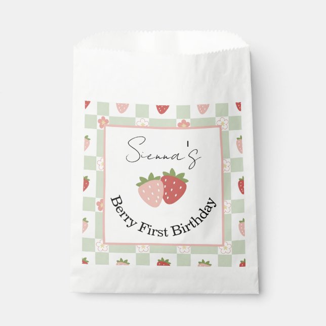 Customisable Strawberry Gingham First Birthday Favour Bag (Front)