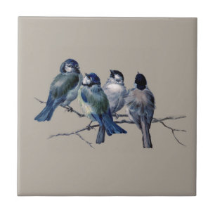 Customise lovely vintage art blue birds on branch tile