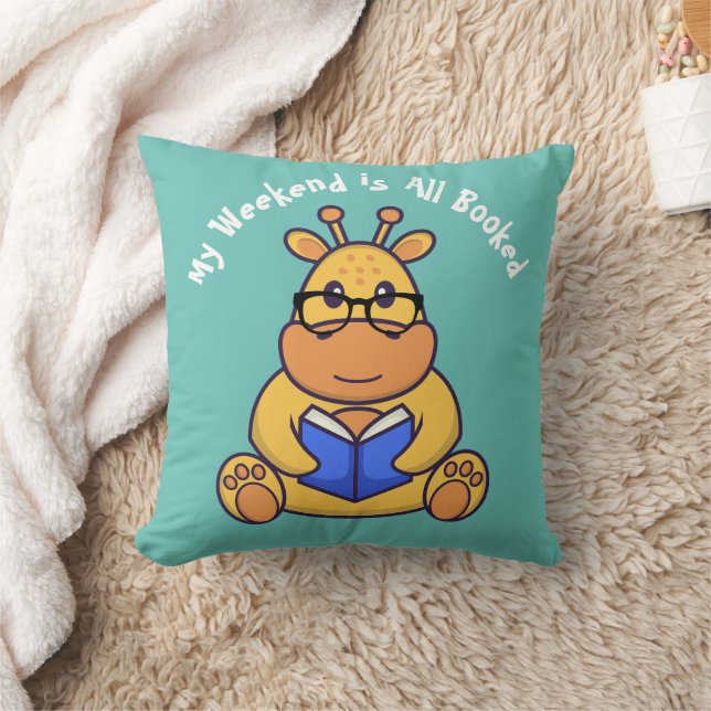 Customised Cute funny giraffe reading book  Throw Pillow (Blanket)