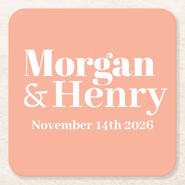 Customised Name Simple Modern Elegant Mono Wedding Square Paper Coaster (Front)