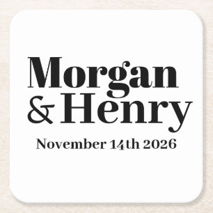 Customised Name Simple Modern Elegant Mono Wedding Square Paper Coaster