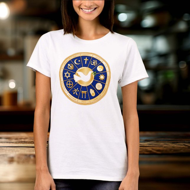 Customisez votre colombe de la paix T-shirt (Dove of Peace T Shirt
Gold icons of world faiths surround the Dove of Peace, an international symbol)