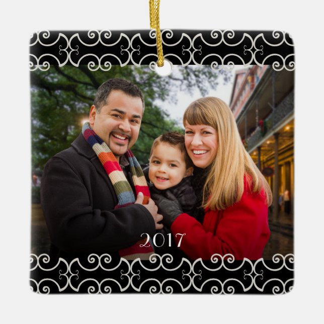 Customizable 2-sided Elegant Scrolls 2 Photo Ceramic Ornament (Front)