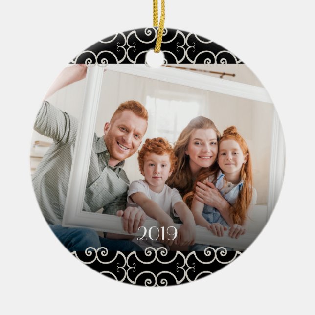 Customizable 2-sided Elegant Scrolls 2 Photo Ceramic Ornament (Front)