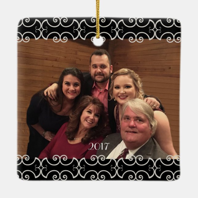 Customizable 2-sided Elegant Scrolls 2 Photo Ceramic Ornament (Back)