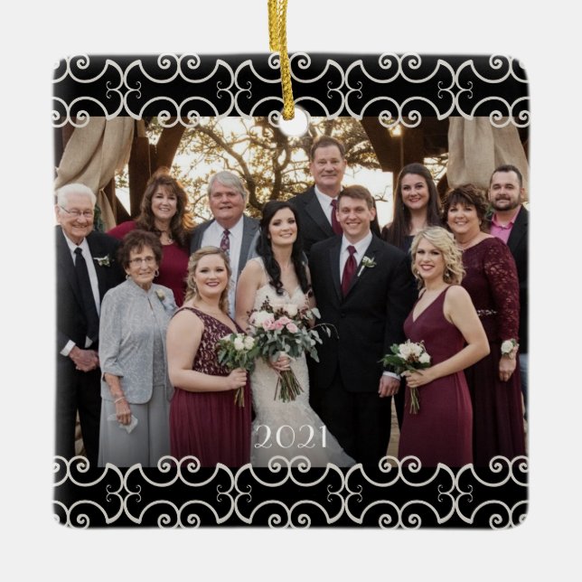 Customizable 2-sided Elegant Scrolls 2 Photo Ceramic Ornament (Front)