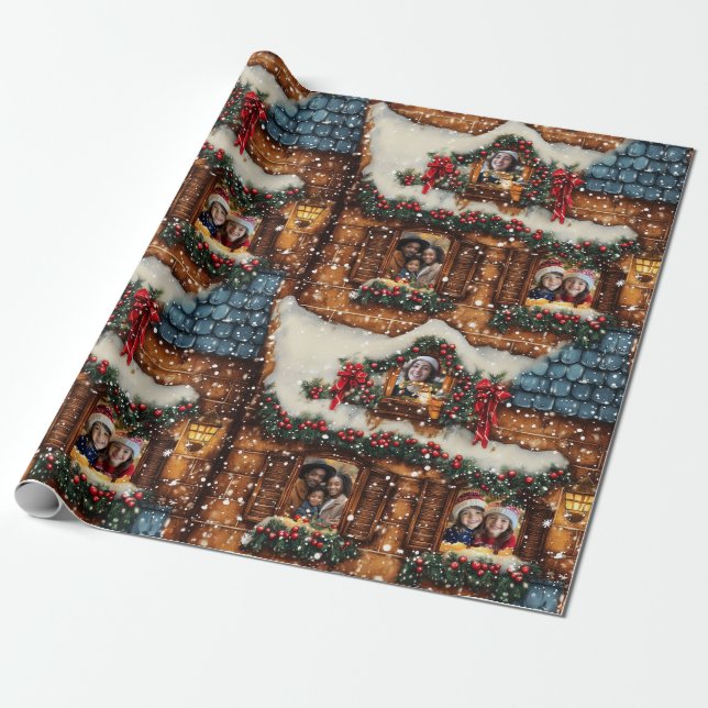 Customizable 3 Photos Ginger Bread House Wrapping Paper (Unrolled)