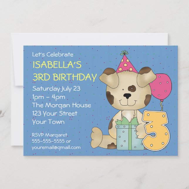 Customizable 3rd Birthday Puppy Dog Invitation (Front)