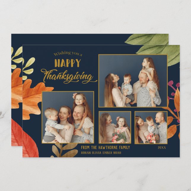 Customizable  4 Family Photos Thanksgiving Blue Card (Front/Back)