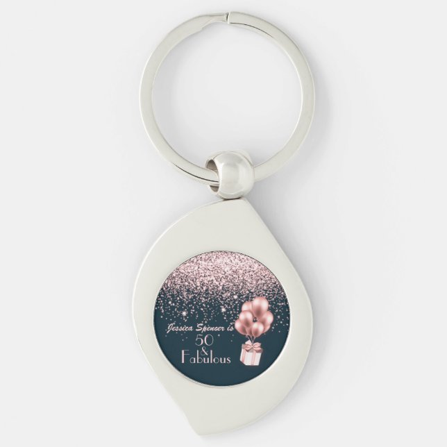 Customizable 50 & Fabulous Rose Gold B'day Favour Keychain (Front)