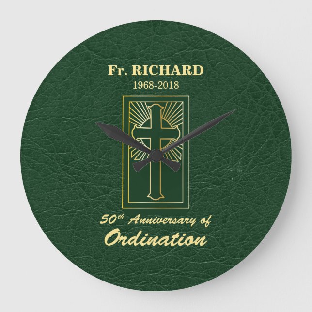 Customizable 50th Anniversary of Ordination Green Large Clock (Front)