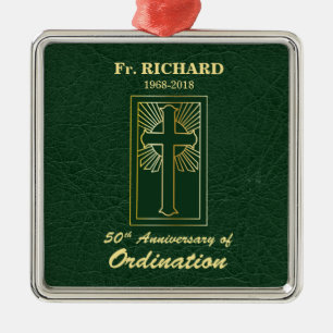 Customizable 50th Anniversary of Ordination Green Metal Ornament