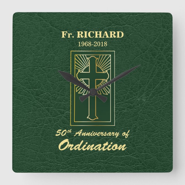 Customizable 50th Anniversary of Ordination Green Square Wall Clock (Front)