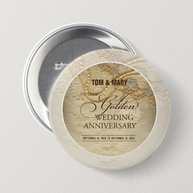Customizable, 50th Wedding Anniversary Pearls 3 Inch Round Button (Front & Back)