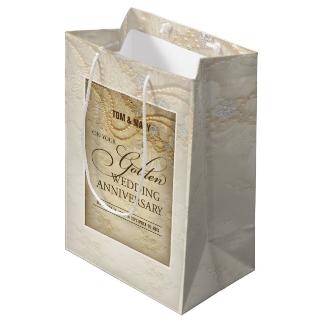 Customizable, 50th Wedding Anniversary Pearls Medium Gift Bag (Front Angled)