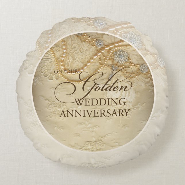 Customizable, 50th Wedding Anniversary Pearls Round Pillow (Front)