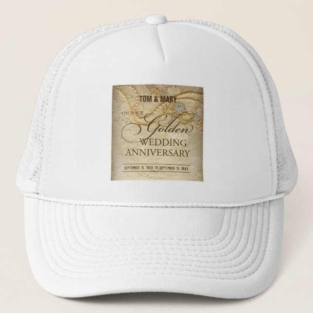 Customizable, 50th Wedding Anniversary Pearls Trucker Hat (Front)