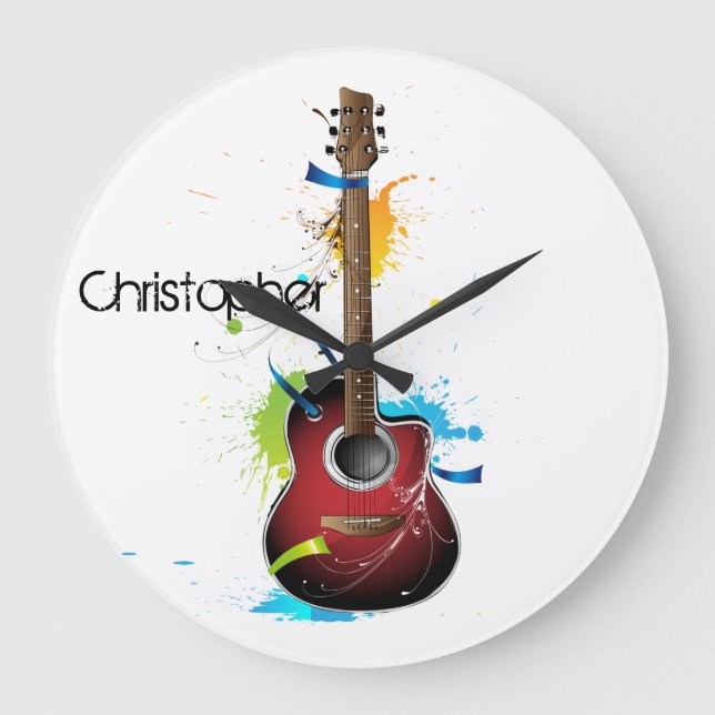 Customizable Acoustic Guitar with Paint Splatters Large Clock (Front)