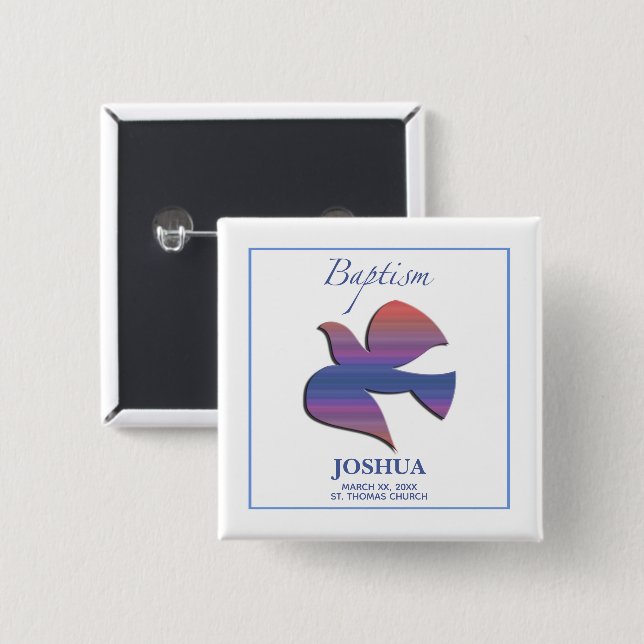 Customizable, Adult Baptism Dove 2 Inch Square Button (Front & Back)