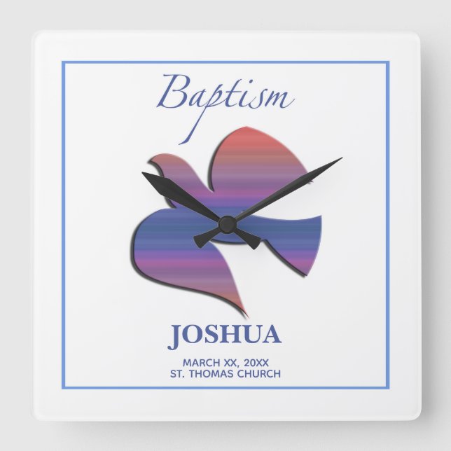 Customizable, Adult Baptism Dove Square Wall Clock (Front)