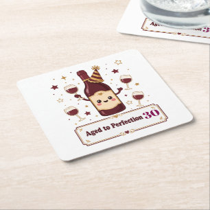 Customizable Aged to Perfection Cute Wine Birthday Square Paper Coaster