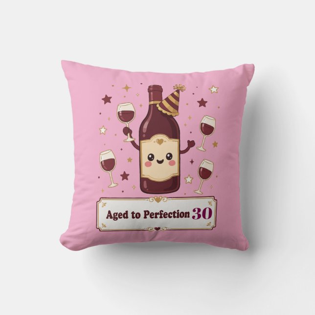 Customizable Aged to Perfection Cute Wine Birthday Throw Pillow (Front)