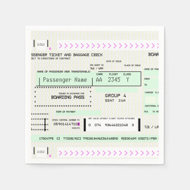 Customizable Airline Ticket Boarding Pass Napkin (Front)