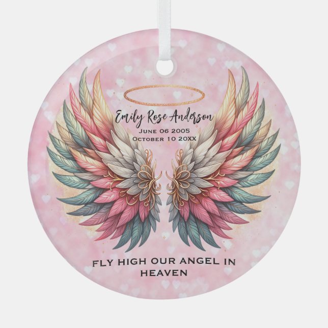 Customizable Angel Wings Memorial  Glass Ornament (Front)