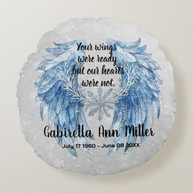 Customizable Angel Wings Memorial with Snowflake Round Pillow (Front)