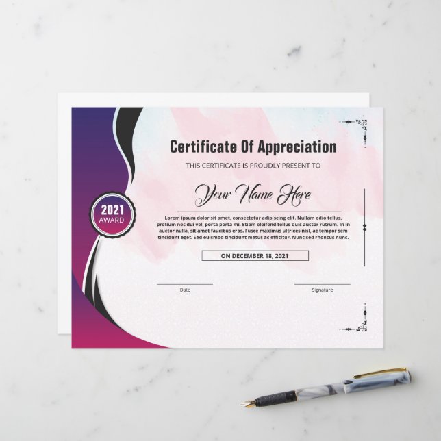 Customizable appreciation certficiate template (Front/Back In Situ)