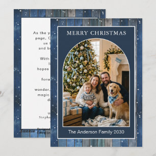 Customizable Arched Blue Snow Rustic Photo Holiday Card