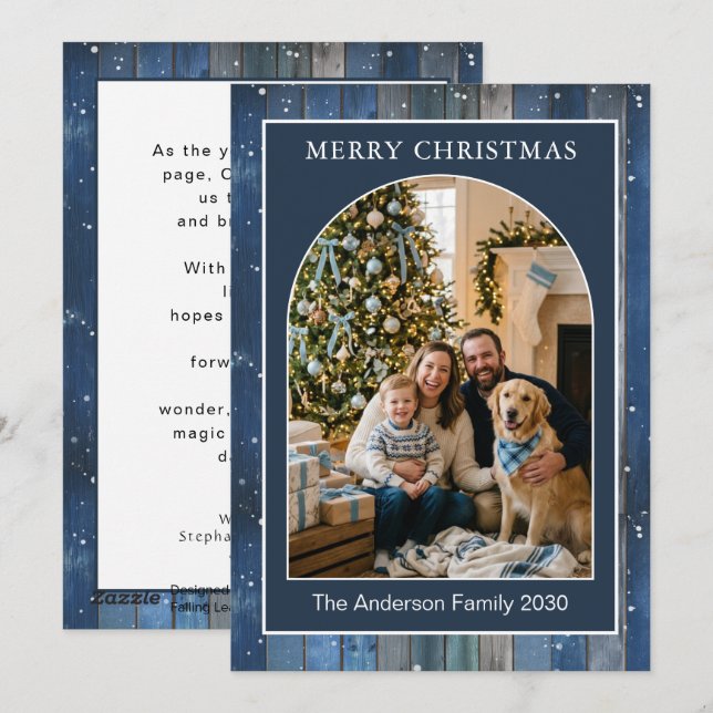 Customizable Arched Blue Snow Rustic Photo Holiday Card (Front/Back)