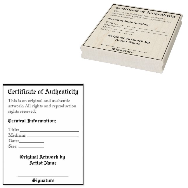 Customizable Artwork Authentication Print Rubber Stamp (Stamped)