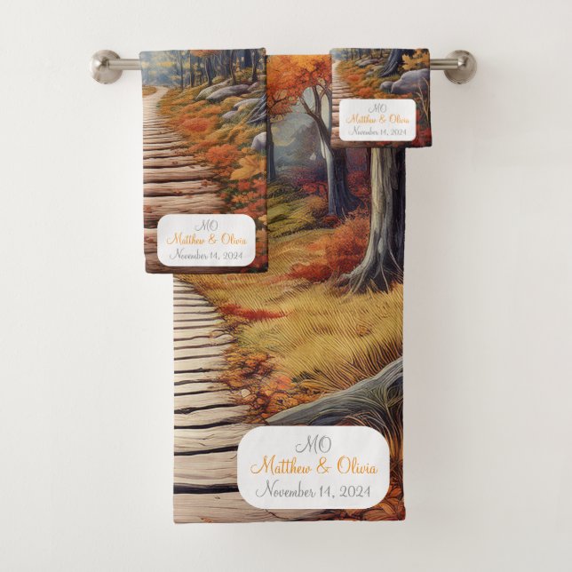  Customizable Autumn Forest Path Wedding Gift Bath Towel Set (Insitu)