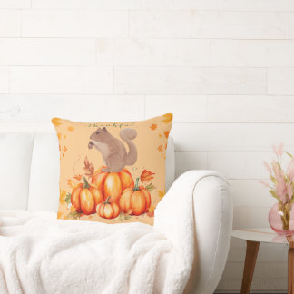 Customizable Autumn Squirrel Pumpkin Throw Pillow
